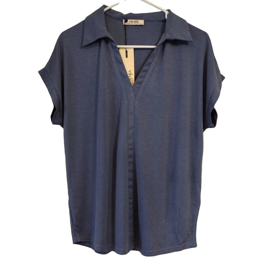 Vivilli Womens Medium Blue Short Sleeve V Neck Top